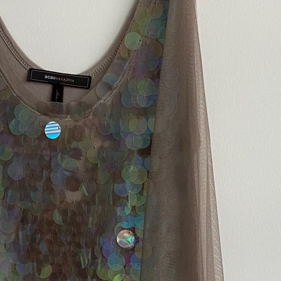 BCBG MAXAZRIA Tan Dress with Iridescent Sequins - Picture 2 of 5